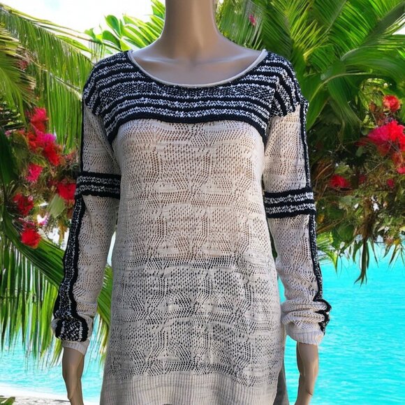 FREE PEOPLE Cream Black Open Weave Knit Long Sleeve Top Size L - Picture 1 of 6